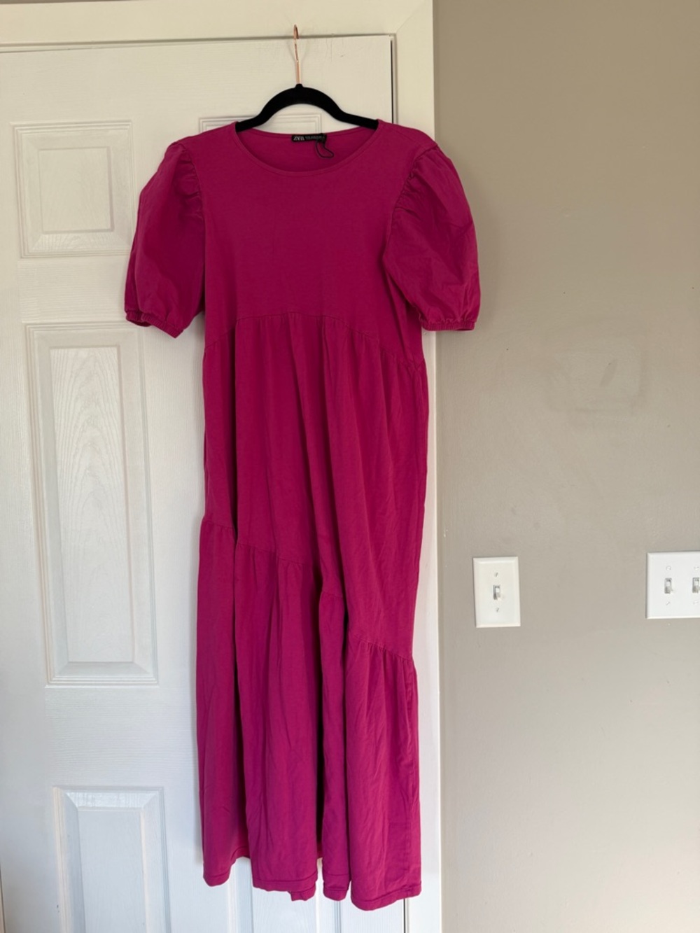Zara Magenta Pink Puff Sleeve Tiered Maxi Dress